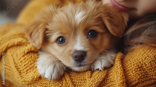Person playing with a rescued puppy in a cozy home environment, showcasing pet care and