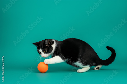 Cat Playing with Ball Isolated Color Background