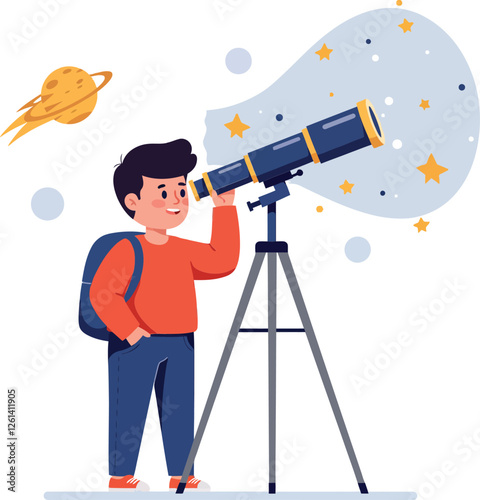 Boy observing stars through telescope in colorful flat vector illustration with planets and celestial elements in space