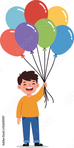 Happy child holding colorful balloons in a flat design style vector art