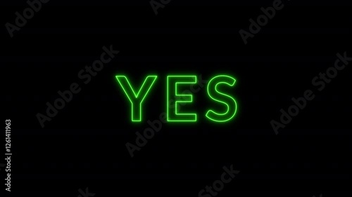 Yes - green letters on a black background with animation, yes word handwritten on black background video, neon color text animation.