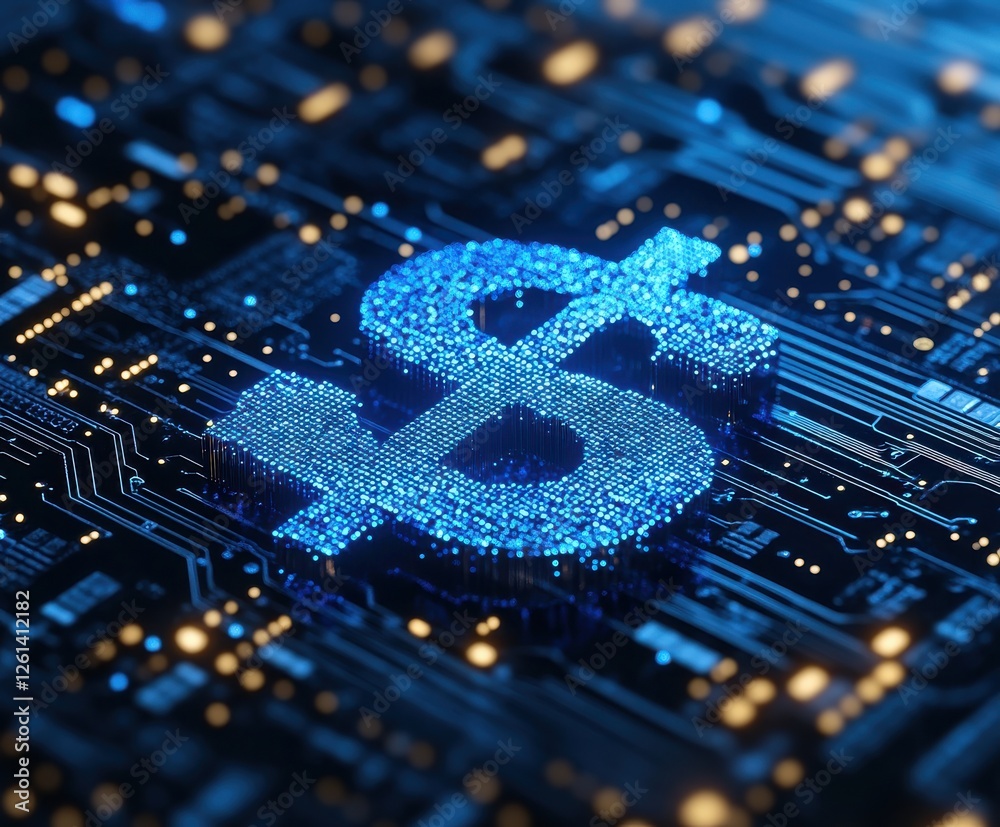 Fototapeta premium Digital Dollar Symbol Emerging from Circuit Board Background, Representing Technology and Finance Integration in Modern Economy