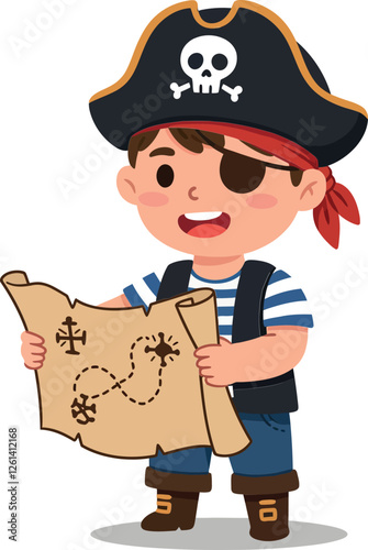 Pirate boy character holding a treasure map in a playful, colorful, flat design vector illustration