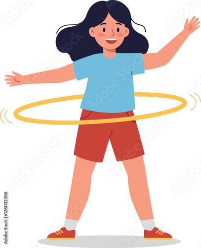 Young girl happily hula hooping with colorful motion lines in flat vector art