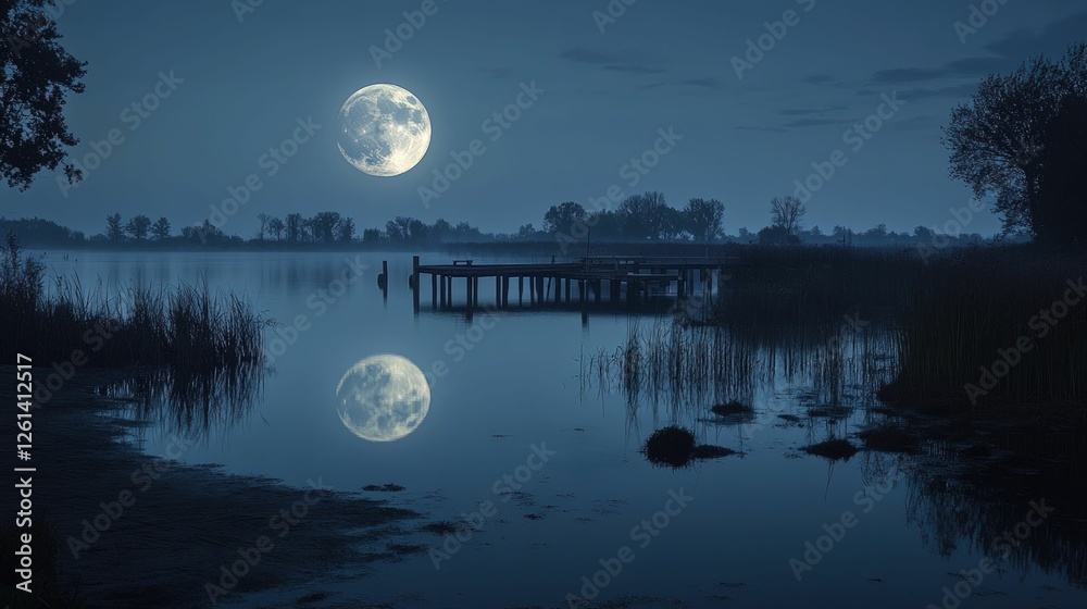 Serene moonlit lake, tranquil pier, peaceful night. Serene moonlit lake, tranquil pier, peaceful night.