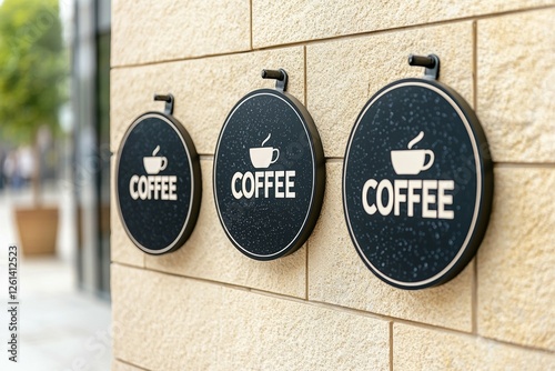 Three round signs with the word coffee on them photo