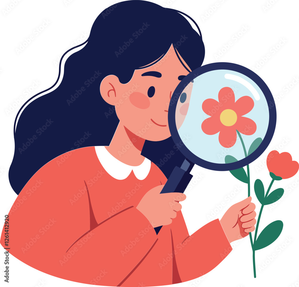 Young girl examining a flower with a magnifying glass in flat vector art style Young girl examining a flower with a magnifying glass in flat vector art style