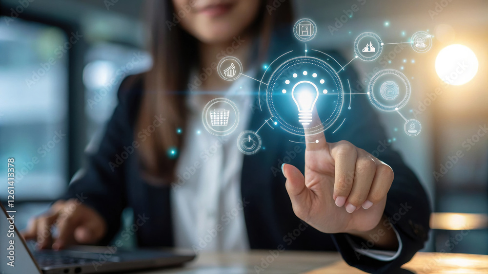 woman touching glowing light bulb icon with digital symbols around her woman touching glowing light bulb icon with digital symbols around her