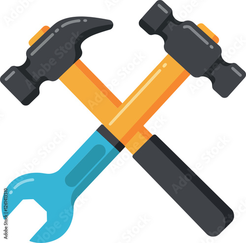 Two crossed tools featuring a hammer and a wrench in a flat and colorful design vector art