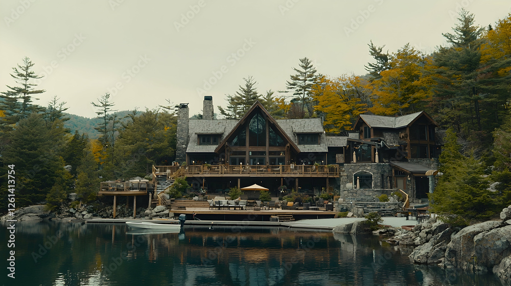 Lakeside Luxury Log Cabin Autumn Mountains Reflection Lakeside Luxury Log Cabin Autumn Mountains Reflection