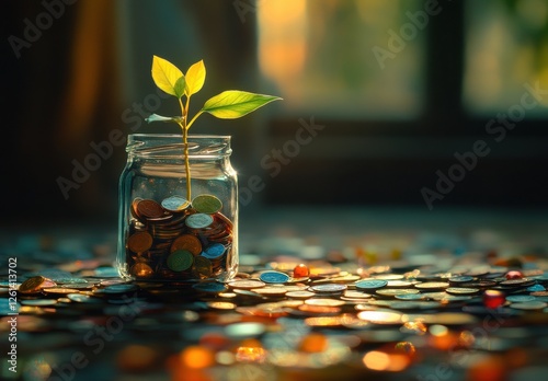 Fresh Green Plant Growing from Jar of Coins Symbolizing Savings, Investment, and Financial Growth for Business and Personal Finance Concepts