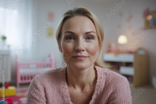 Caucasian adult female in cozy room with pink sweater and nursery background