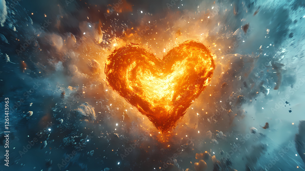 Celestial collision: a fiery heart in a frozen embrace. Frozen Cosmic Storms. Illustration Celestial collision: a fiery heart in a frozen embrace. Frozen Cosmic Storms. Illustration