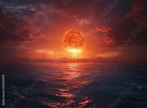 Atomic explosion over ocean at sunset photo