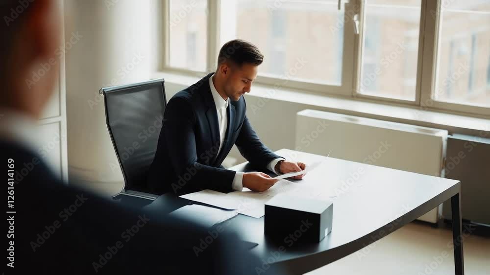 A professional seated in a spacious, quiet office, calmly reviewing a contract. A professional seated in a spacious, quiet office, calmly reviewing a contract.