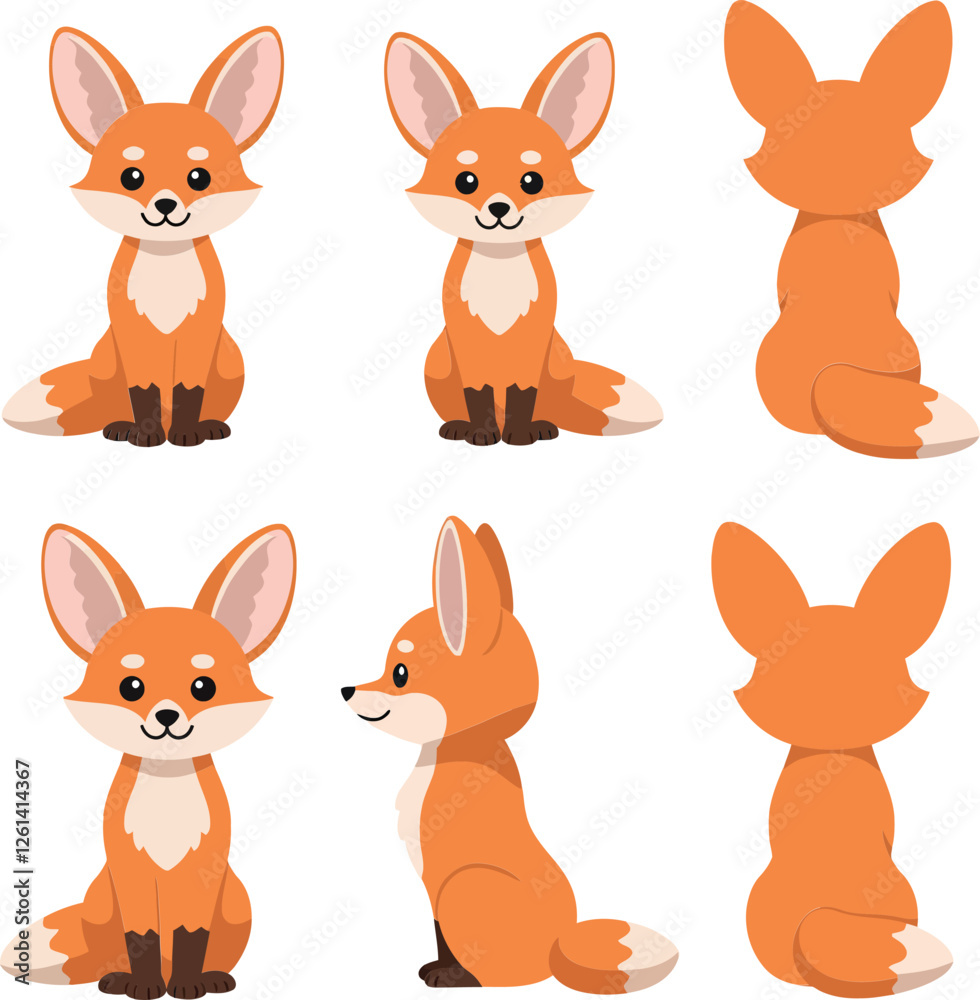 Fototapeta premium Cute cartoon fox character design in flat style showcasing various poses and angles in vector illustration