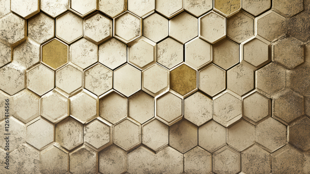 Textured hexagonal grid with layered surfaces in neutral tones, creating modern and industrial aesthetic. design features mix of matte and glossy finishes, enhancing visual interest Textured hexagonal grid with layered surfaces in neutral tones, creating modern and industrial aesthetic. design features mix of matte and glossy finishes, enhancing visual interest