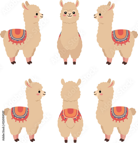 Cute llamas in various poses showcasing detailed flat design style vector illustration