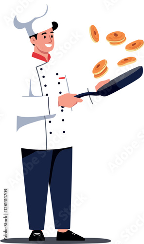 Chef tossing pancakes in a frying pan with playful expression, flat design vector art