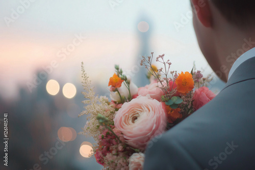 Romantic wedding bouquet resting on groom's shoulder at sunset
