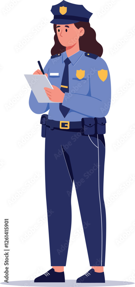 Police officer character in blue uniform taking notes in flat vector art style for digital illustrations
