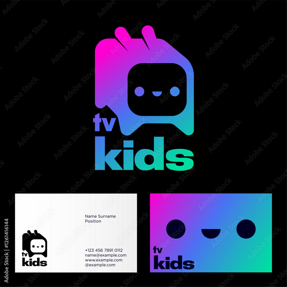 Kids channel logo, children TV icon. TV compiled with funny kawaii rabbit. Business card. Kids channel logo, children TV icon. TV compiled with funny kawaii rabbit. Business card.