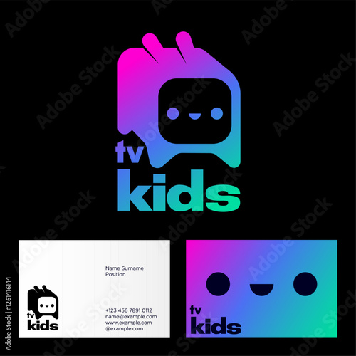Kids channel logo, children TV icon. TV compiled with funny kawaii rabbit. Business card. 