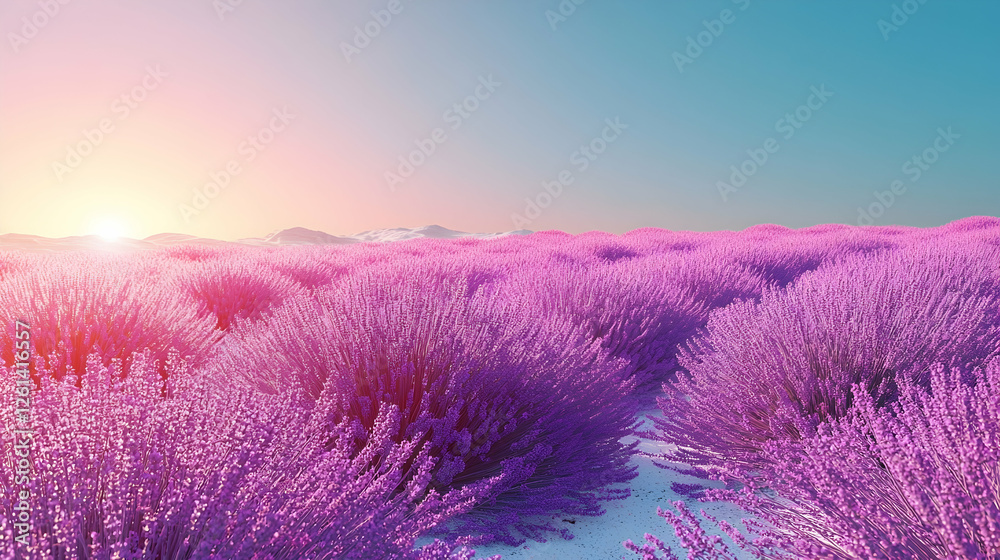 Fototapeta premium Sunrise over Lavender Field, Mountain backdrop, Peaceful Scene, Provence-style landscape, ideal for calming imagery