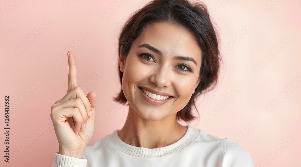 A woman smiling, pointing upwards on a pastel background A woman smiling, pointing upwards on a pastel background