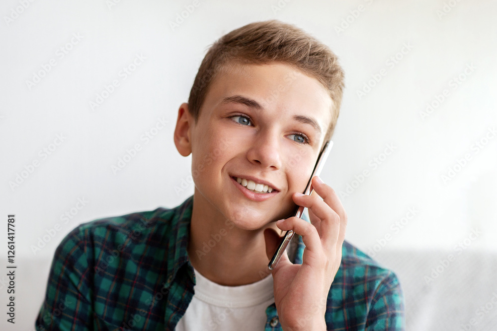 Smiling teenager talking on mobile phone with friends, sitting at home alone, empty space Smiling teenager talking on mobile phone with friends, sitting at home alone, empty space