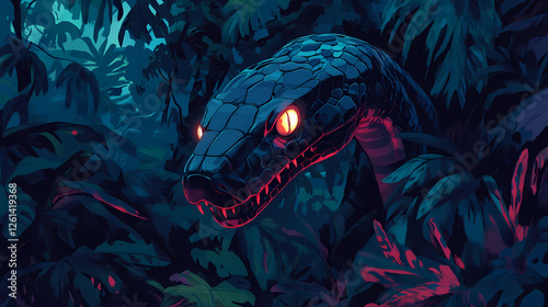 Mechanical snake with glowing eyes coils menacingly in lush jungle. Mechanical Rainforests. Illustration photo