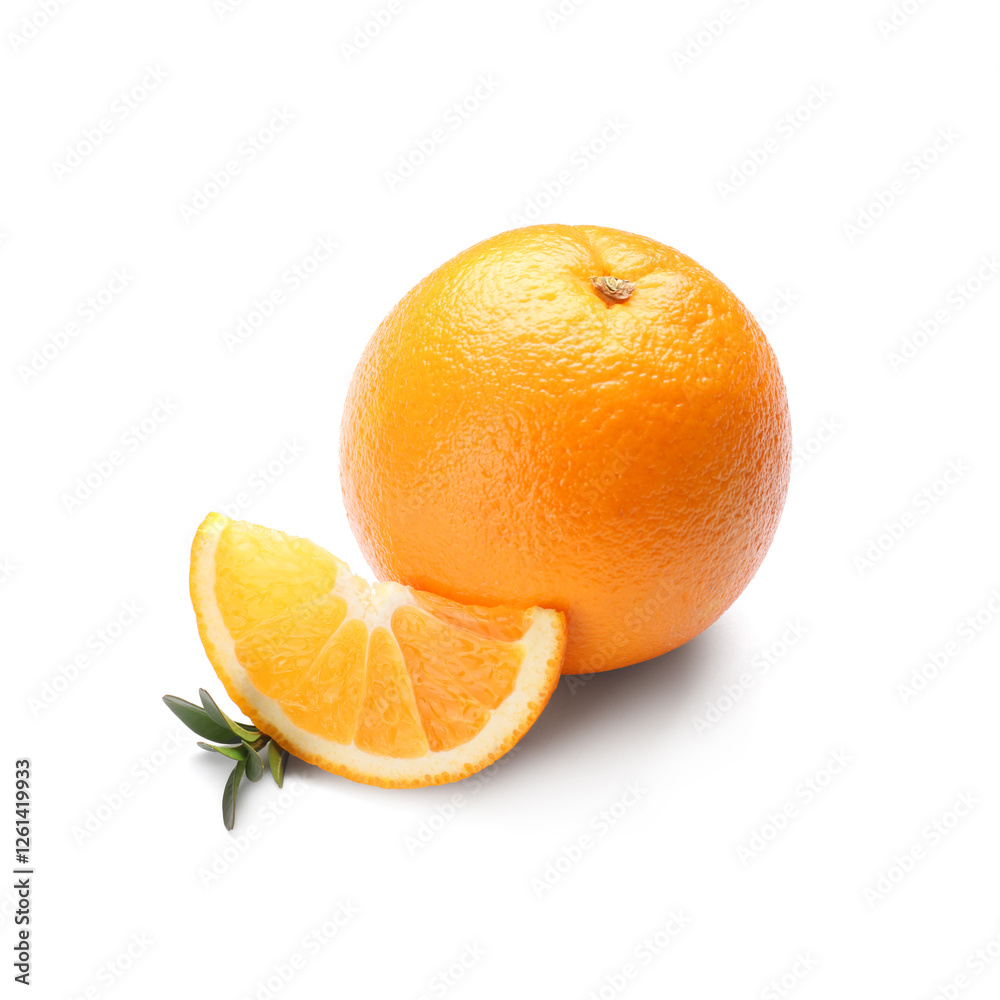 Orange with slice and leaves on white background Orange with slice and leaves on white background