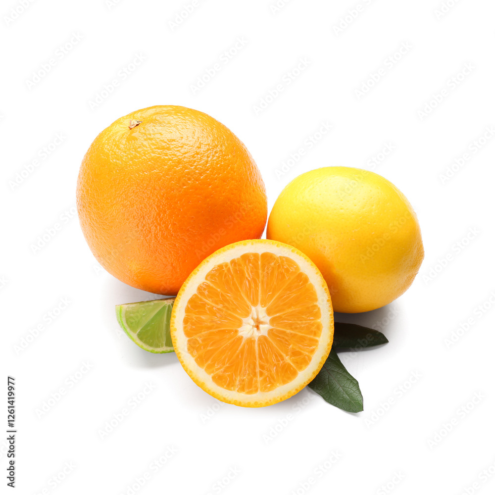 Different cut citrus fruits with leaves on white background Different cut citrus fruits with leaves on white background
