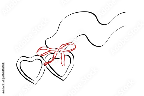 Coquette heart locket with ribbon bow of hand drawn line art style. Simple crayon and sketch symbol for Valentine day and invitations templates. Doodle vector illustration