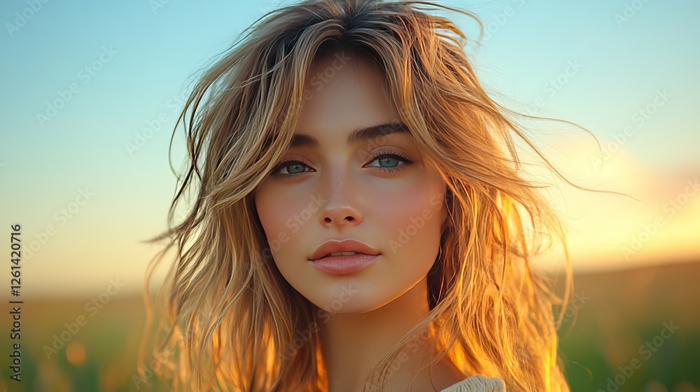 A young, fashionable woman posing outside under a blue sky at sunset A young, fashionable woman posing outside under a blue sky at sunset