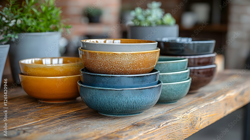 Stacked ceramic bowls on rustic wooden table, indoor plants background, home decor display Stacked ceramic bowls on rustic wooden table, indoor plants background, home decor display