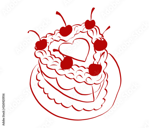 Girly cake heart shape of hand drawn line art style. Coquette cute birthday sweets with bow and ribbon for Birthday and Valentine day invitations templates. Doodle sketch vector illustration