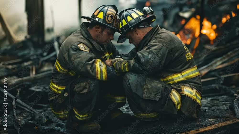 Firefighters share a moment of solidarity amidst the devastation of a burnt building site