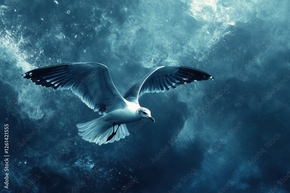 Seagull with outstretched wings soars through a dark sky Seagull with outstretched wings soars through a dark sky