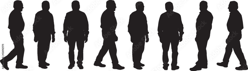 vector; silhouette of group of same man standing and walking vector; silhouette of group of same man standing and walking