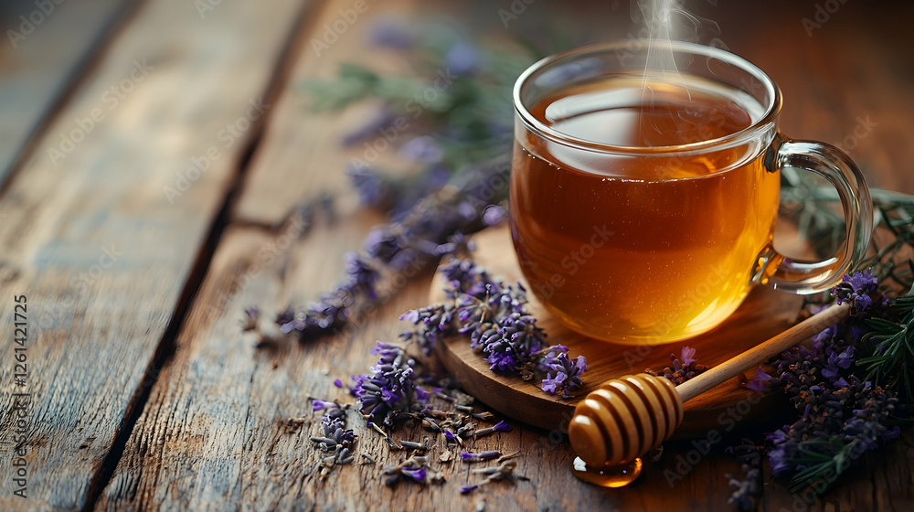 Steaming herbal lavender tea with honey on rustic wooden table