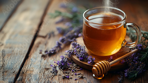 Obraz na płótnie Steaming herbal lavender tea with honey on rustic wooden table w salonie