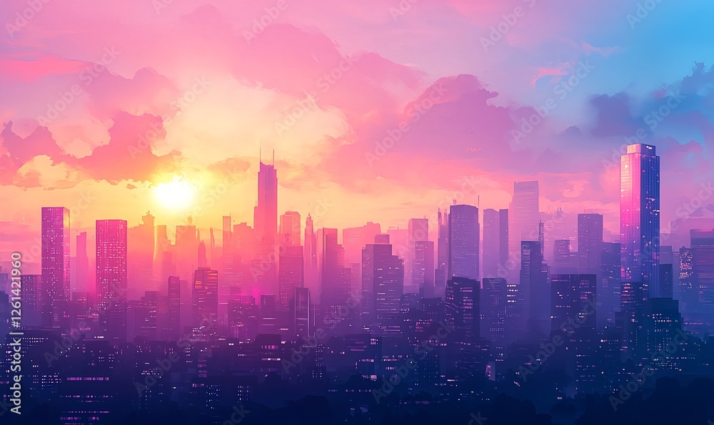 Fototapeta premium Futuristic city skyline with skyscrapers and glowing city lights