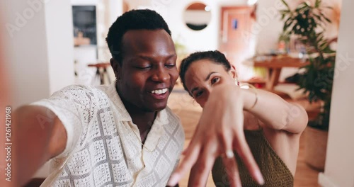 Couple, face or engagement ring in home for selfie, romance or love on social media with smile. Portrait, interracial relationship or people excited for marriage proposal vlog or celebration together