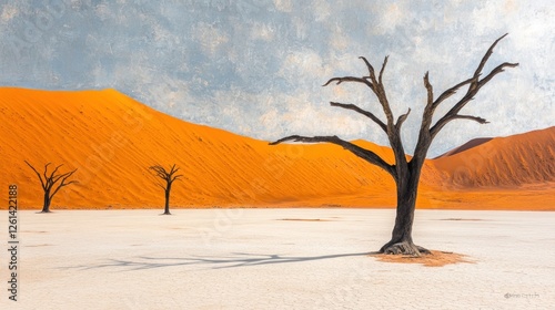Namibian desert landscape with dead trees against orange dunes
