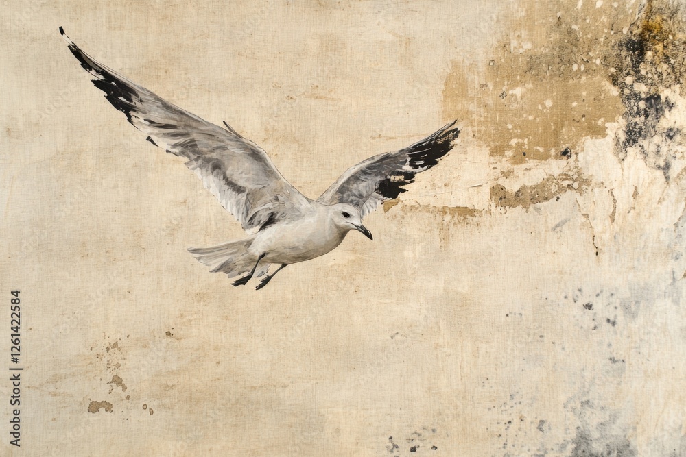 Obraz premium Seagull soars above the mottled aged and weathered backdrop