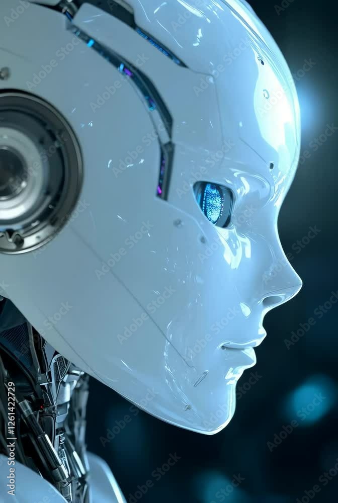 Futuristic humanoid robot head profile against dark background with blue glow. Artificial intelligence face closeup showing detailed mechanics and sleek design. Vertical video