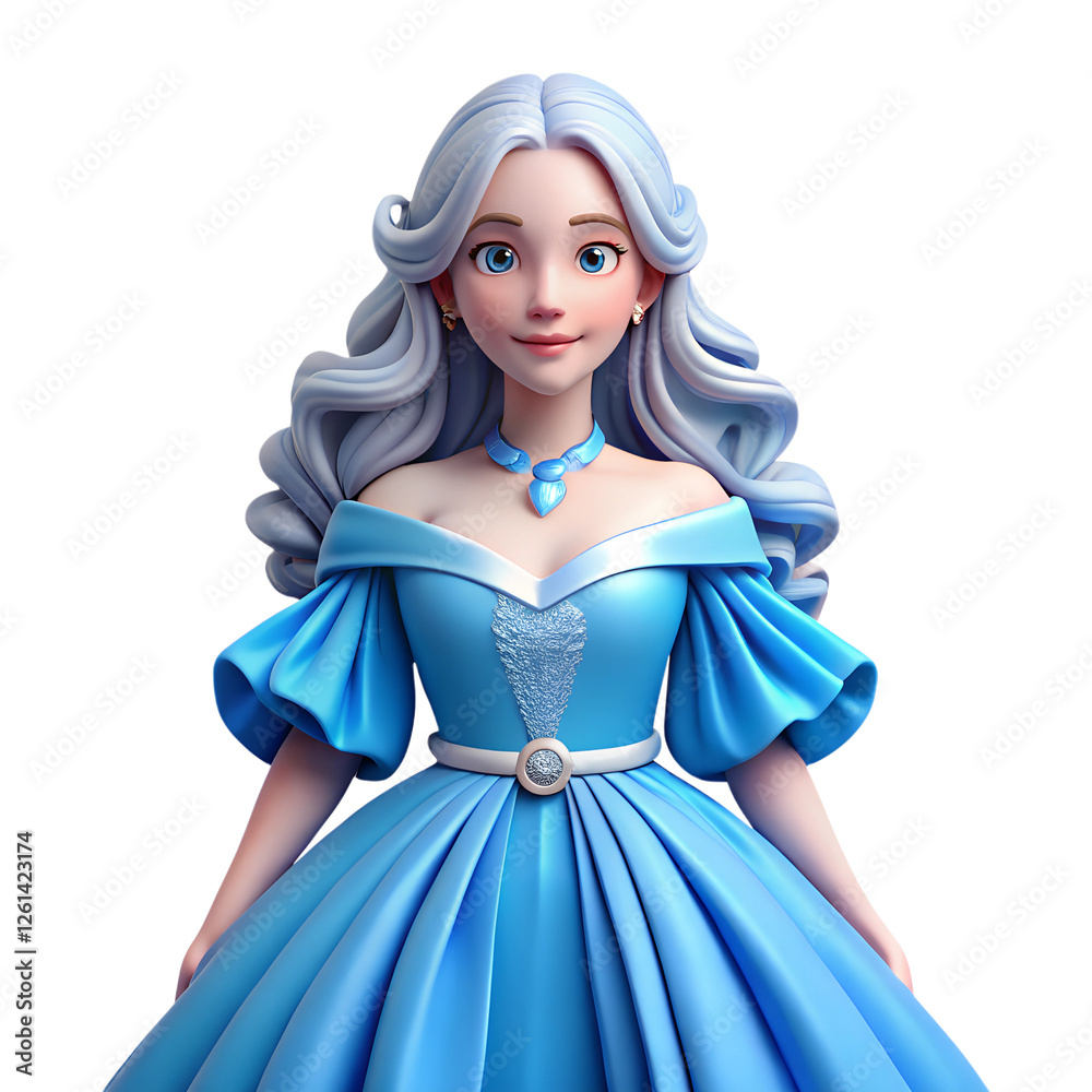 Elegant female character with long blue curly hair wearing fancy blue dress 3d illustration Elegant female character with long blue curly hair wearing fancy blue dress 3d illustration