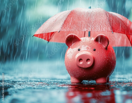 Piggy bank under a bright red umbrella in a rainy scene with raindrops falling and reflections on the ground, symbolizing savings and protection