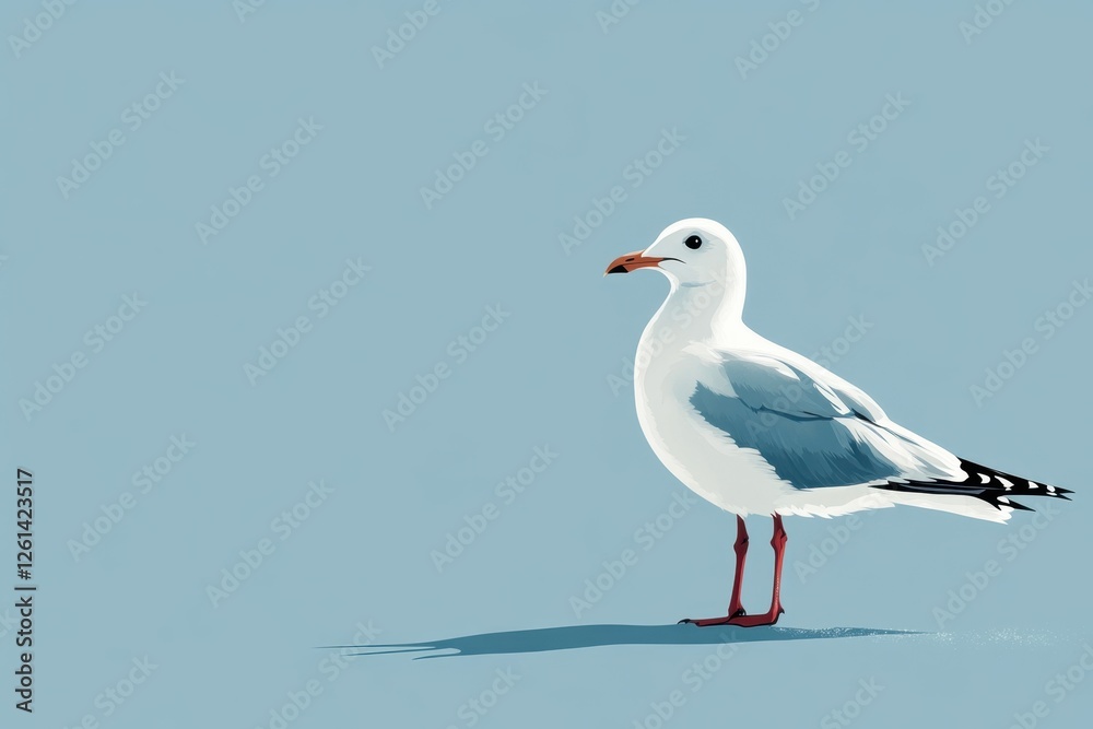 Single seagull standing on light blue ground casting shadow Single seagull standing on light blue ground casting shadow